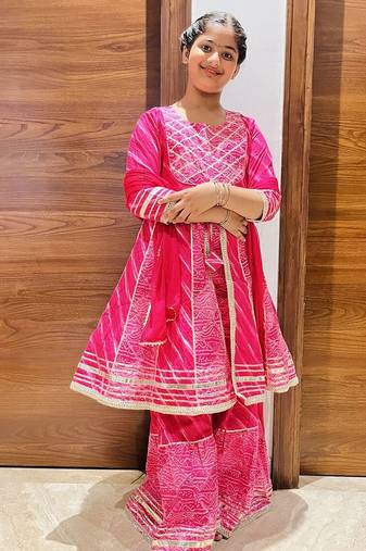 Pink bandhej anarkali set