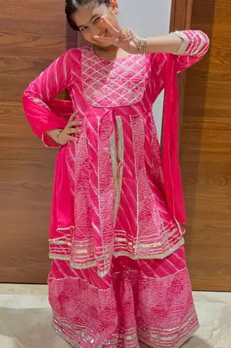 Pink bandhej anarkali set
