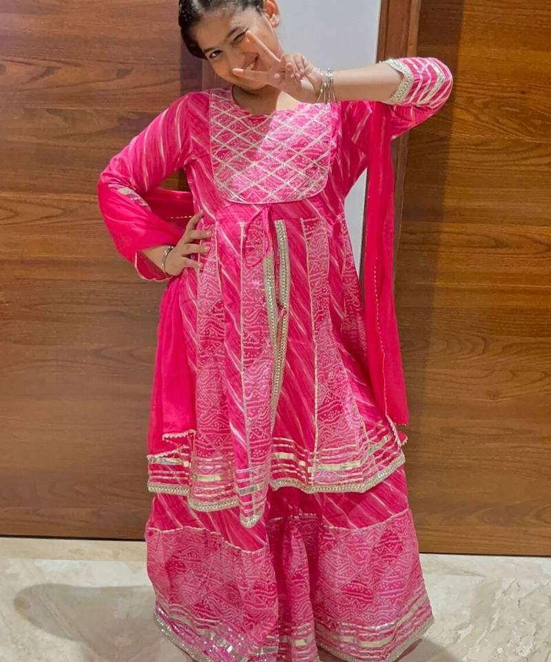Pink bandhej anarkali set
