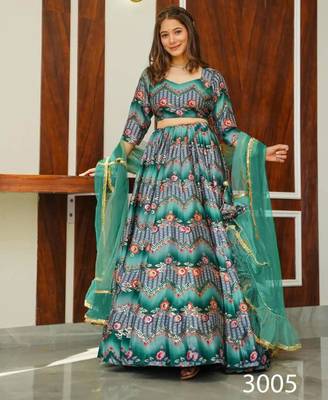 sea green silk blend printed lehenga choli 1