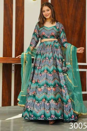 sea green silk blend printed lehenga choli
