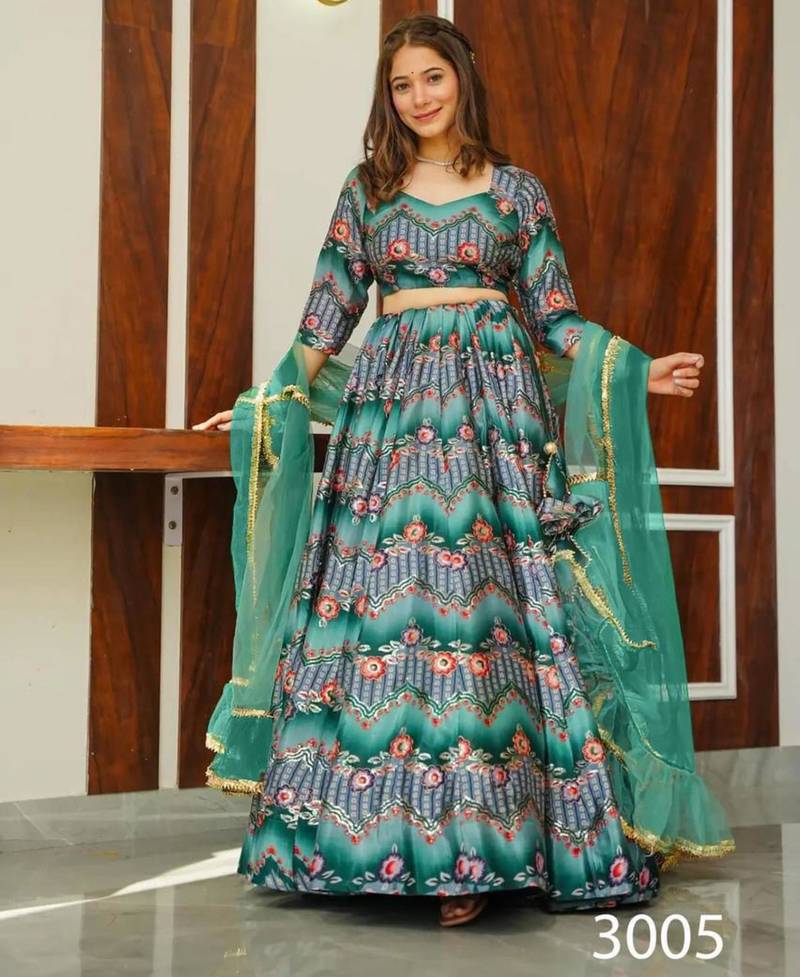 sea green silk blend printed lehenga choli