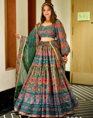 blue silk blend printed lehenga choli 1