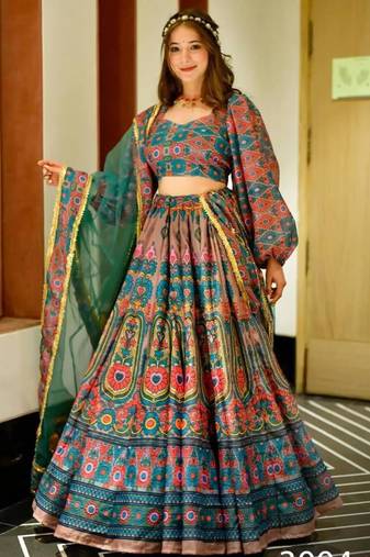 blue silk blend printed lehenga choli