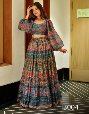 blue silk blend printed lehenga choli 2