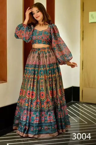 blue silk blend printed lehenga choli