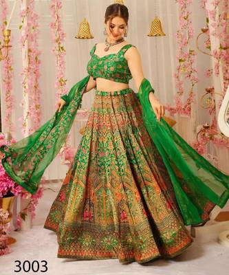 green silk blend printed lehenga choli 1