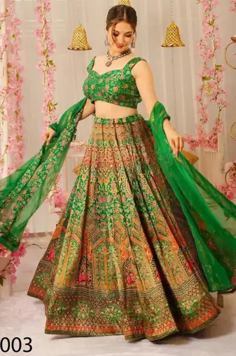 green silk blend printed lehenga choli
