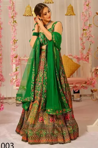 green silk blend printed lehenga choli