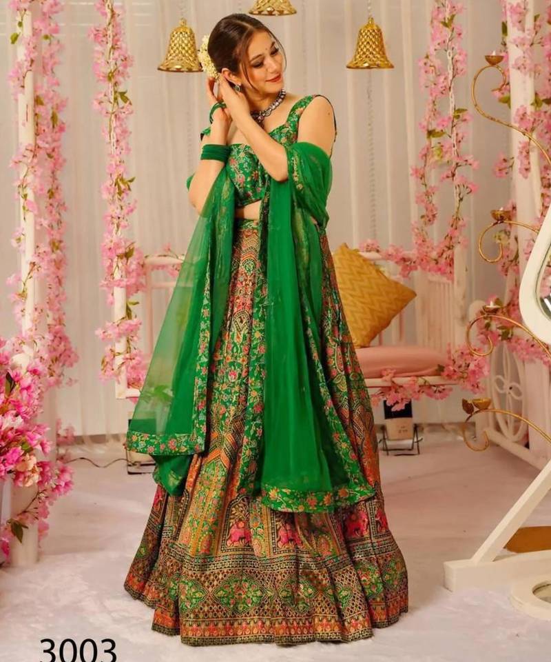 green silk blend printed lehenga choli