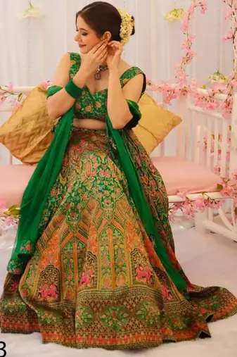 green silk blend printed lehenga choli