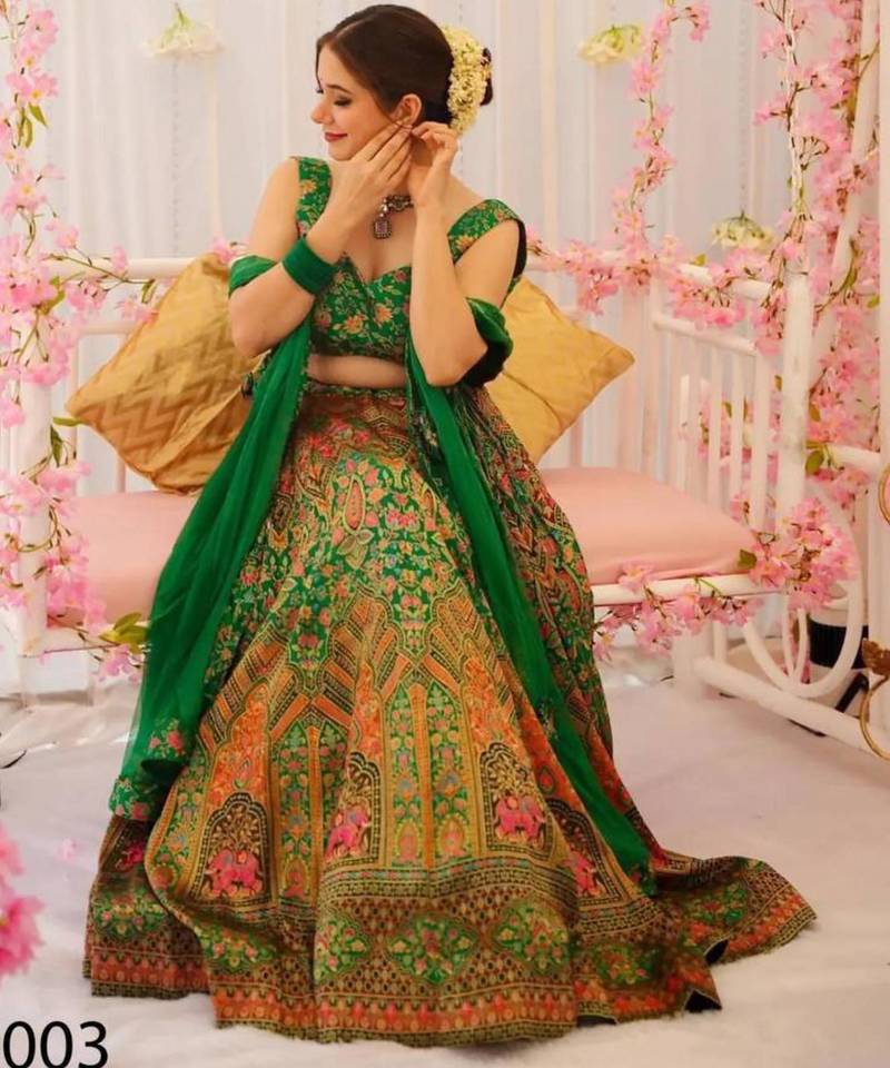green silk blend printed lehenga choli
