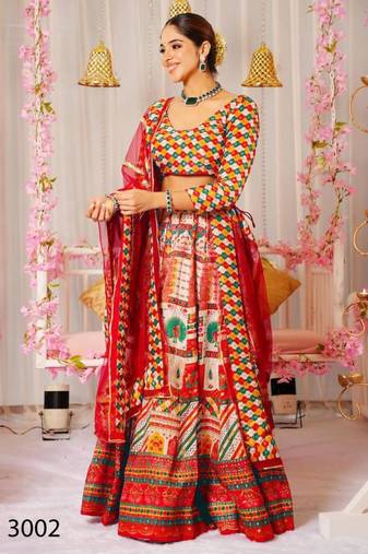 red silk blend printed lehenga choli