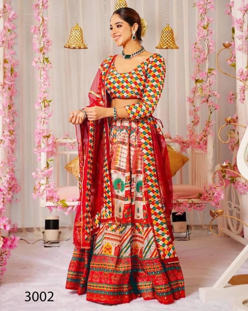 red silk blend printed lehenga choli