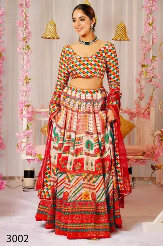 red silk blend printed lehenga choli