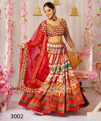 red silk blend printed lehenga choli 3