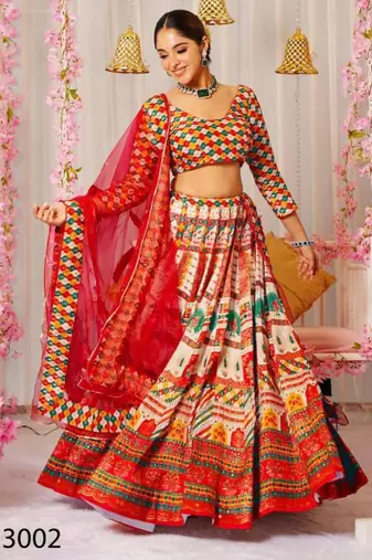 red silk blend printed lehenga choli
