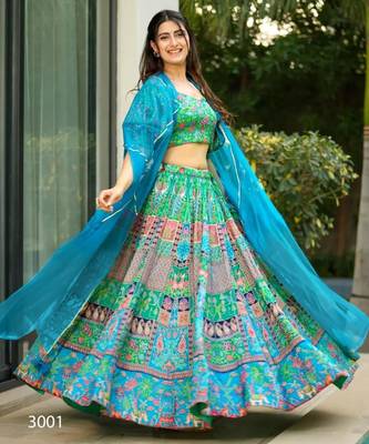 blue silk blend printed lehenga choli 1