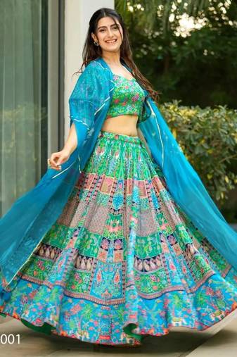 blue silk blend printed lehenga choli