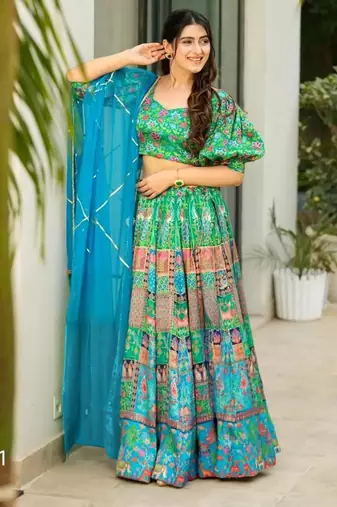 blue silk blend printed lehenga choli