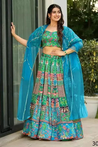 blue silk blend printed lehenga choli