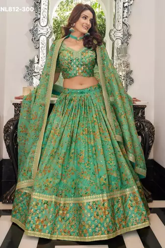 green organza embroidered lehenga choli