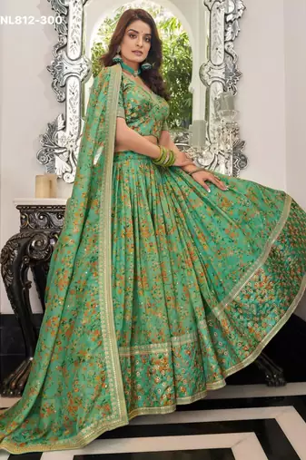 green organza embroidered lehenga choli