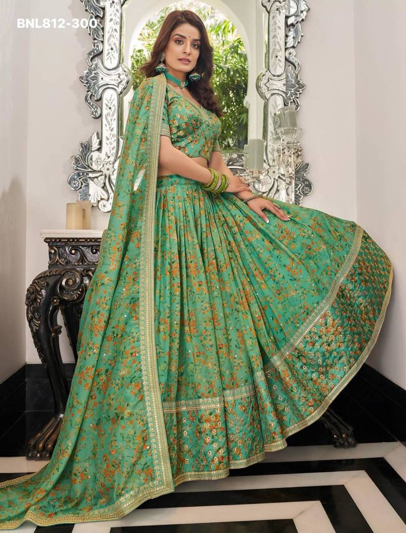 green organza embroidered lehenga choli