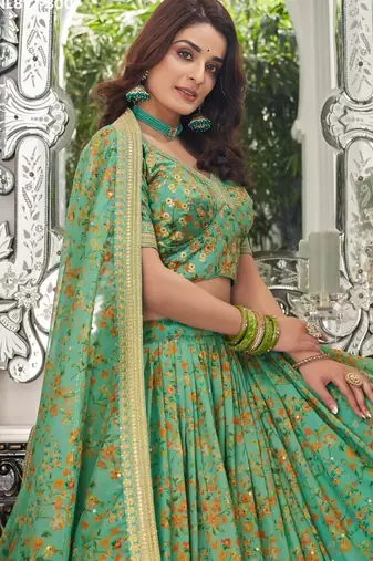 green organza embroidered lehenga choli