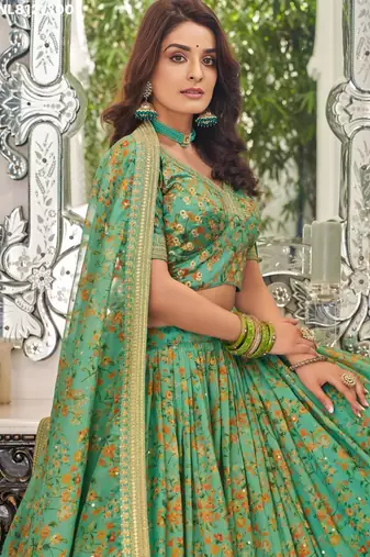 green organza embroidered lehenga choli