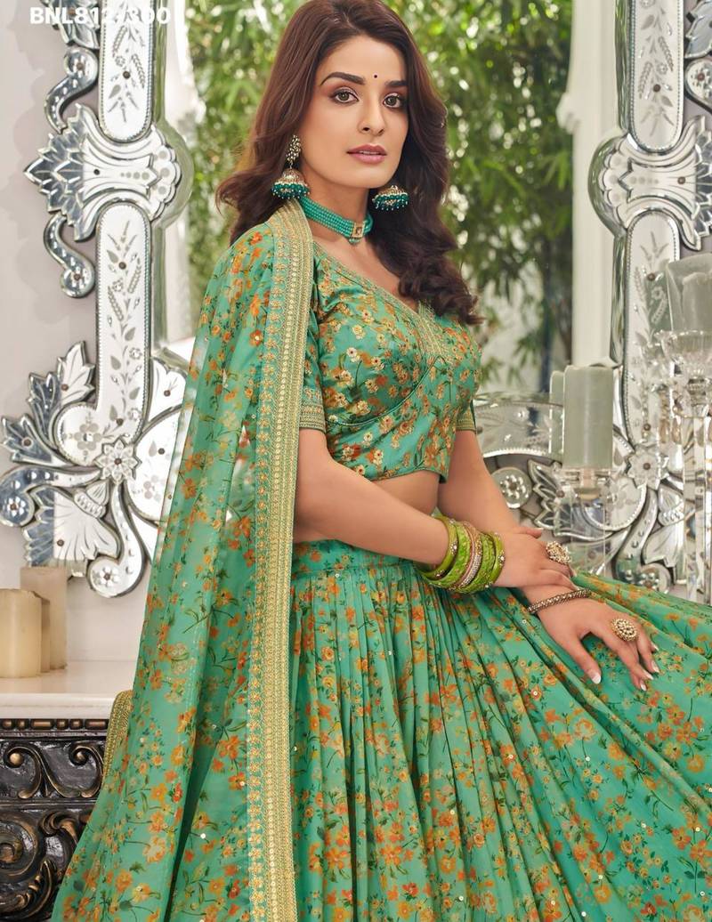 green organza embroidered lehenga choli