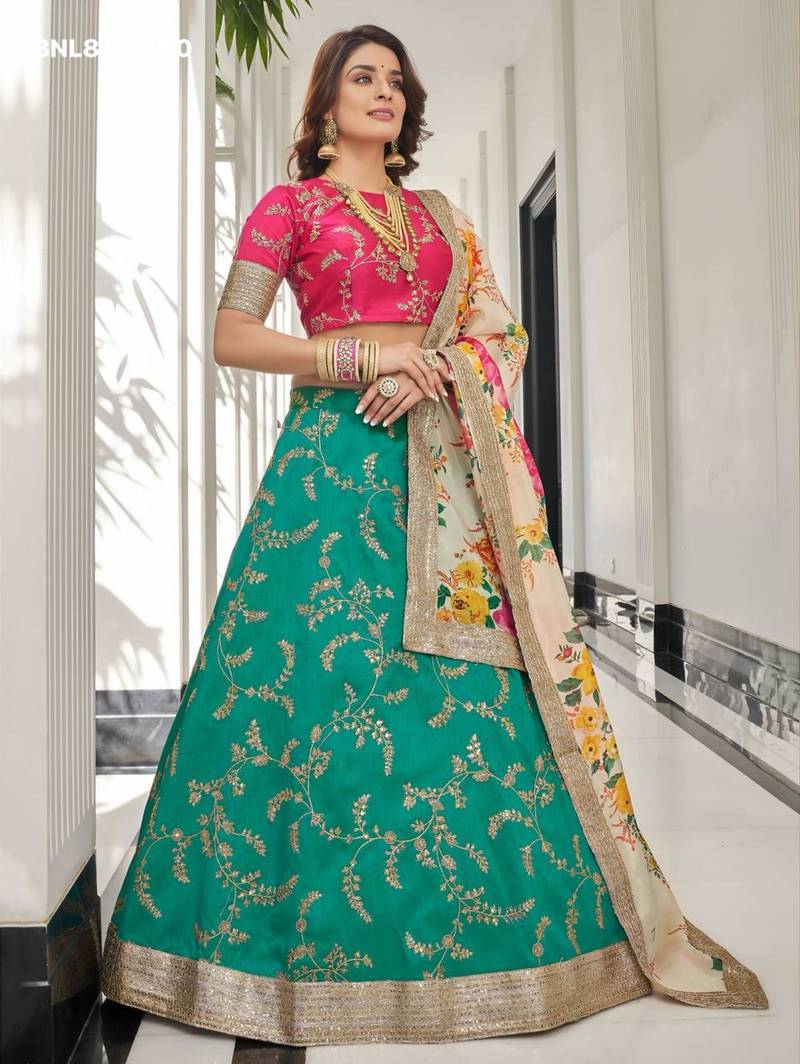 teal art silk embroidered lehenga choli