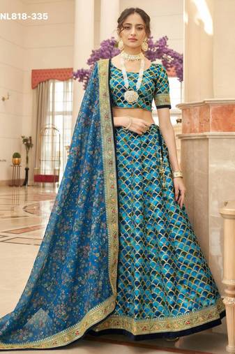 teal blue art silk embroidered lehenga choli