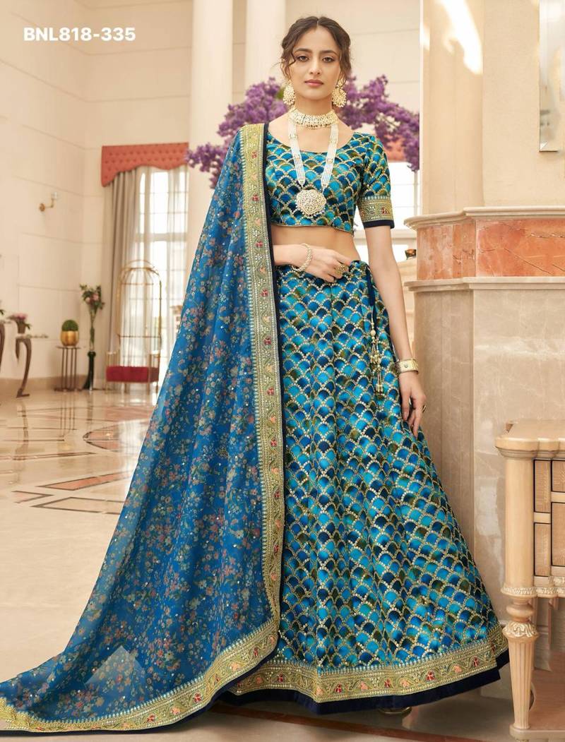 teal blue art silk embroidered lehenga choli