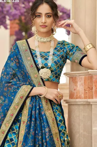 teal blue art silk embroidered lehenga choli