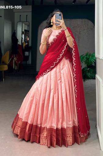peach cotton silk plain lehenga choli