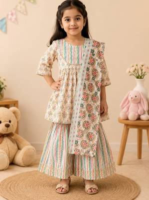 Beige block print anarkali set 1