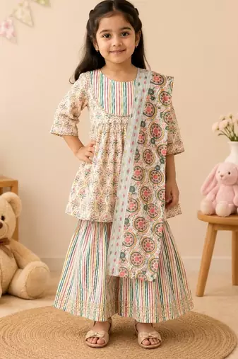 Beige block print anarkali set