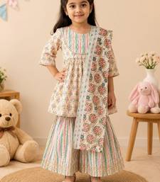 Beige block print anarkali set