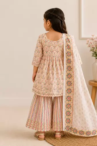 Beige block print anarkali set