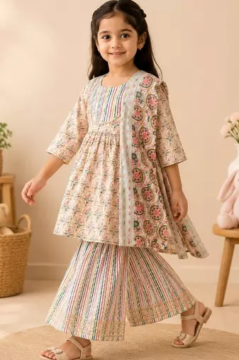Beige block print anarkali set