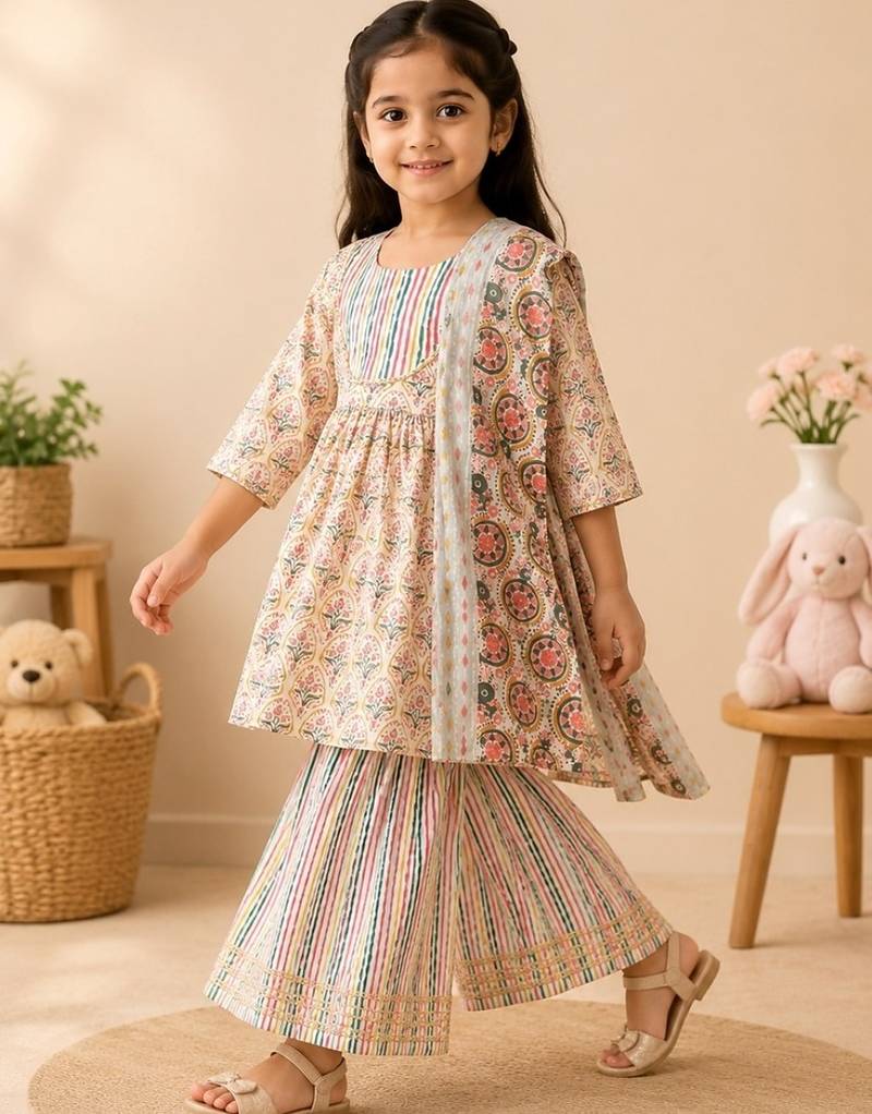 Beige block print anarkali set