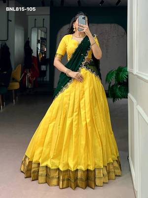 yellow cotton silk plain lehenga choli 1