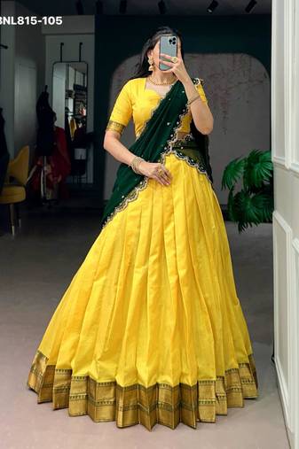 yellow cotton silk plain lehenga choli