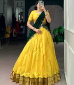 yellow cotton silk plain lehenga choli