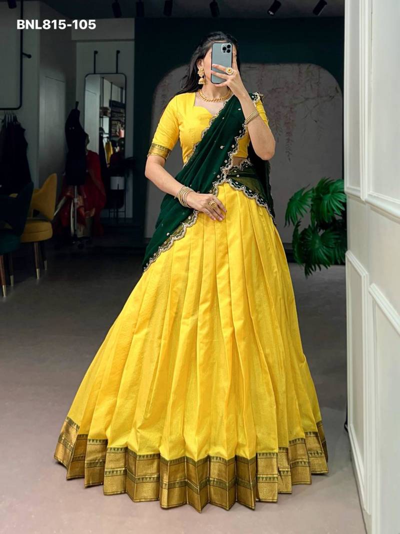yellow cotton silk plain lehenga choli