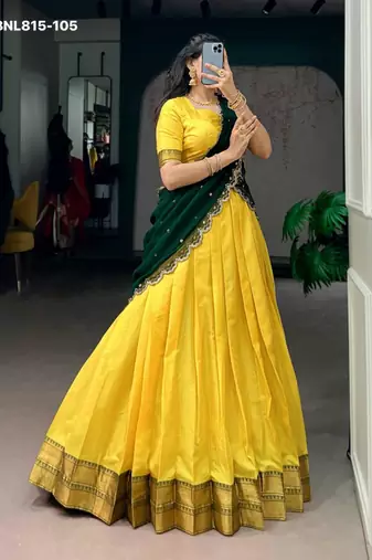 yellow cotton silk plain lehenga choli
