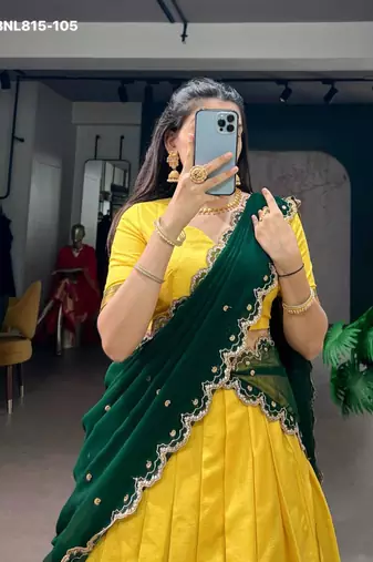 yellow cotton silk plain lehenga choli