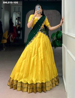 yellow cotton silk plain lehenga choli 4