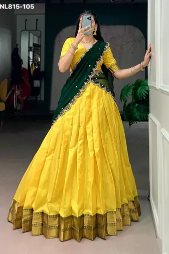 yellow cotton silk plain lehenga choli